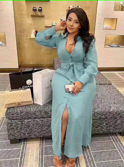 Light blue V-neck maxi dress with waist tie and high front slit