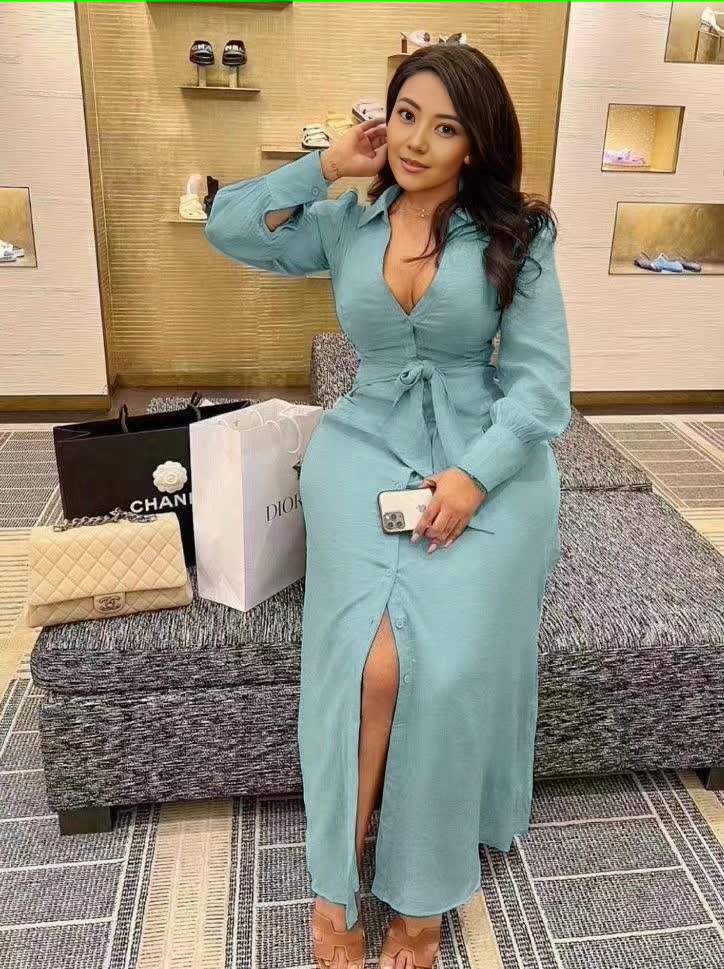 Long-Sleeve V-Neck Dress with Waist Tie Detail, Button Front, and High Slit Design