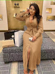 Tan V-neck maxi dress with waist tie and high front slit