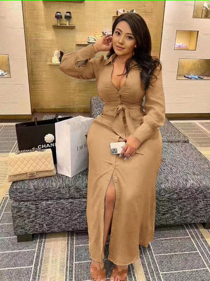 Tan V-neck maxi dress with waist tie and high front slit