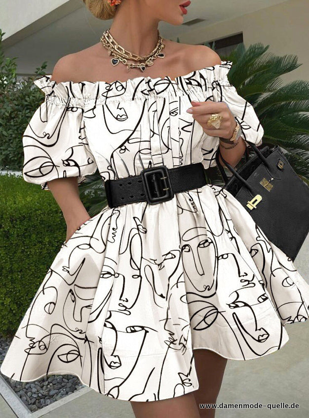 Women's Off-Shoulder Puff Sleeve Dress with Abstract Face Pattern and Wide Waist Accent