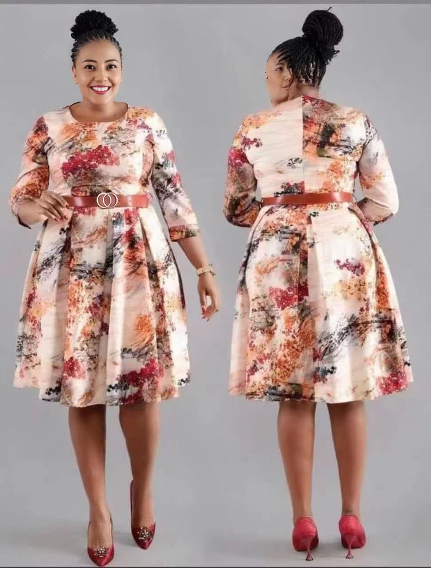 Elegant Floral Print Midi Dress with Belted Waist and Three-Quarter Sleeves
