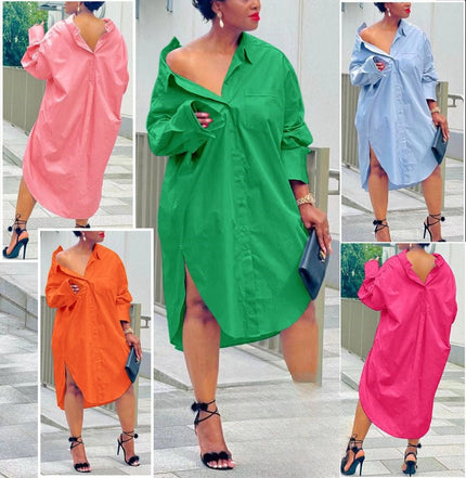 Oversized button-front shirt dress with pointed collar and long sleeves, midi length