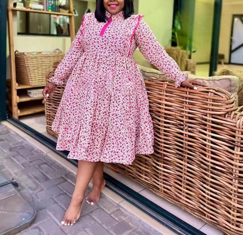 Long-Sleeve Flared Midi Dress with Fitted Bodice and Patterned Design