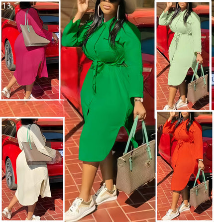 Green belted midi dress with long sleeves and stretch waist, front button placket.
