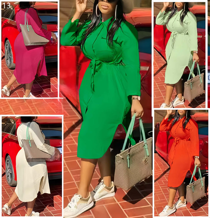 Green belted midi dress with long sleeves and stretch waist, front button placket.