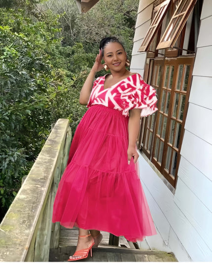 Deep-pink tiered tulle maxi dress with puff sleeves and white patterned V-neck trim