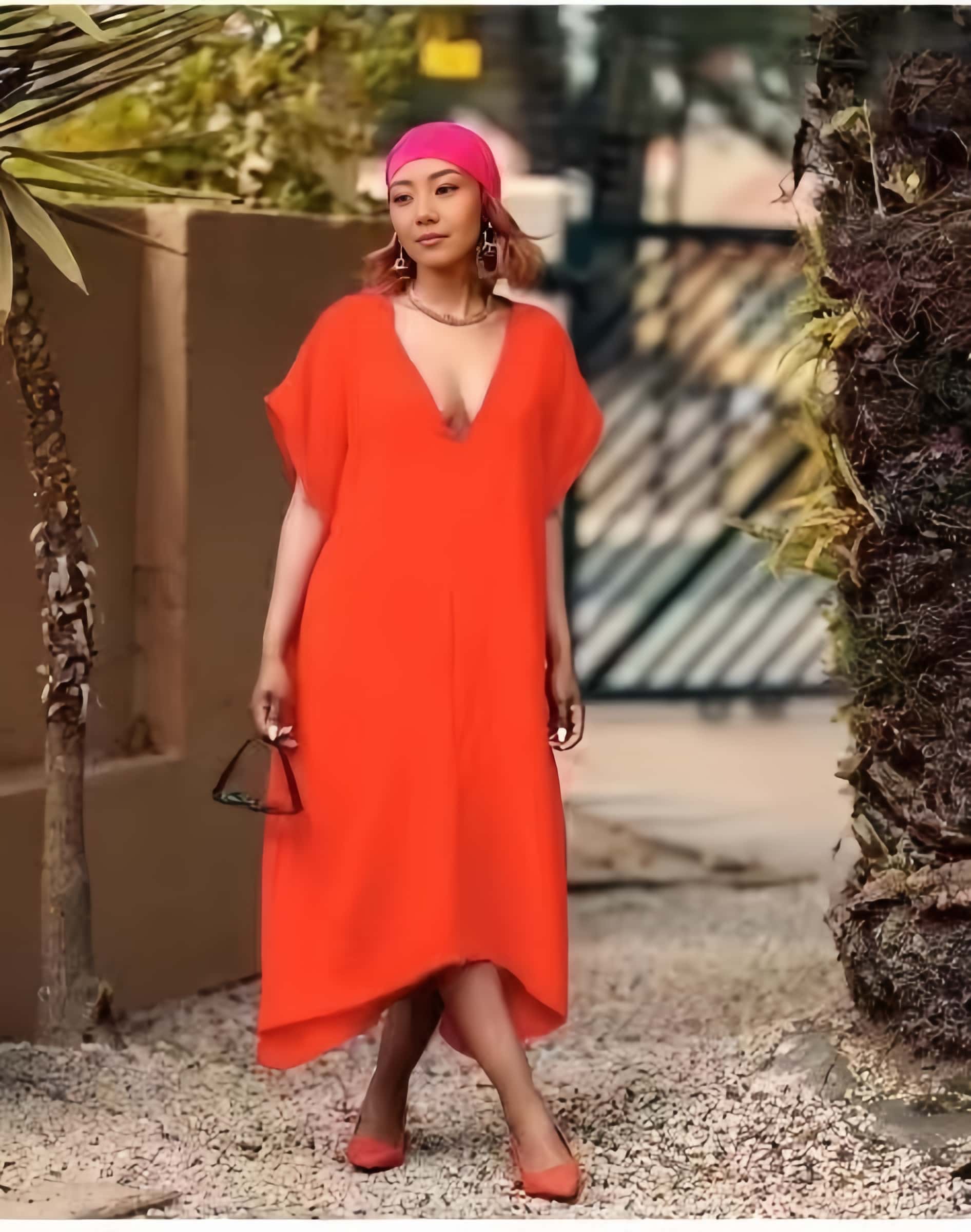 Asymmetrical midi dress with V-neck and short sleeves, orange-red