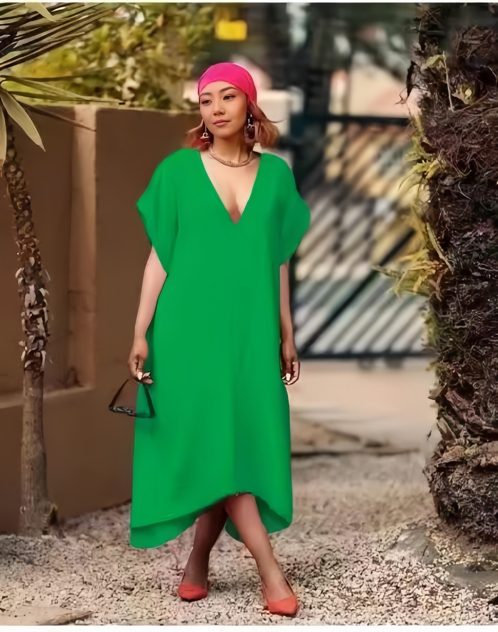 Asymmetrical midi dress with V-neck and short sleeves, lime-green