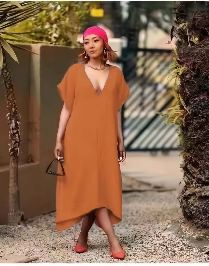 Asymmetrical midi dress with V-neck and short sleeves, rust orange