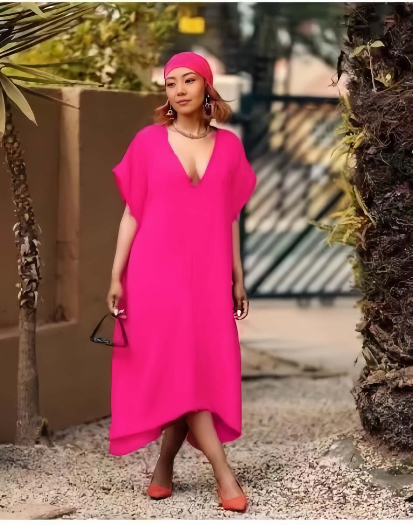 Asymmetrical midi dress with V-neck and short sleeves, deep-pink