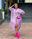 Light purple oversized midi shirt dress with pointed collar, button front, side slit.