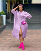 Light purple oversized midi shirt dress with pointed collar, button front, side slit.