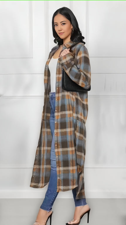 Plaid shirt dress, long sleeves, button-front, knee length, tan blue and dark plaid