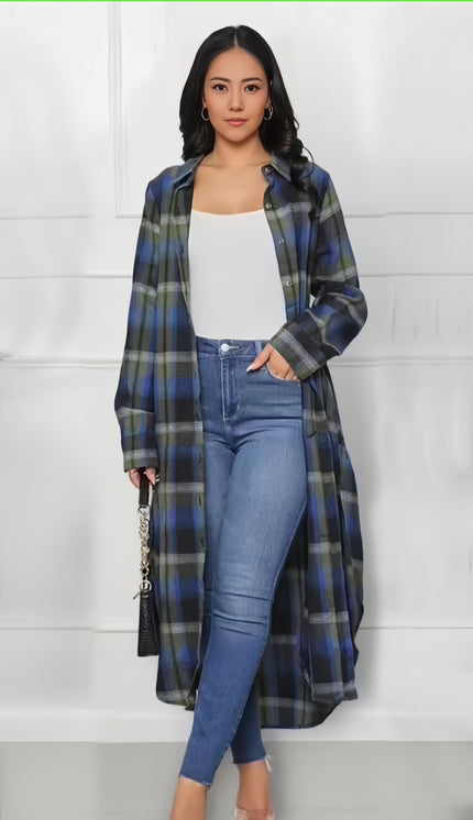 Plaid shirt dress, long sleeves, button-front, knee length, navy blue and green plaid