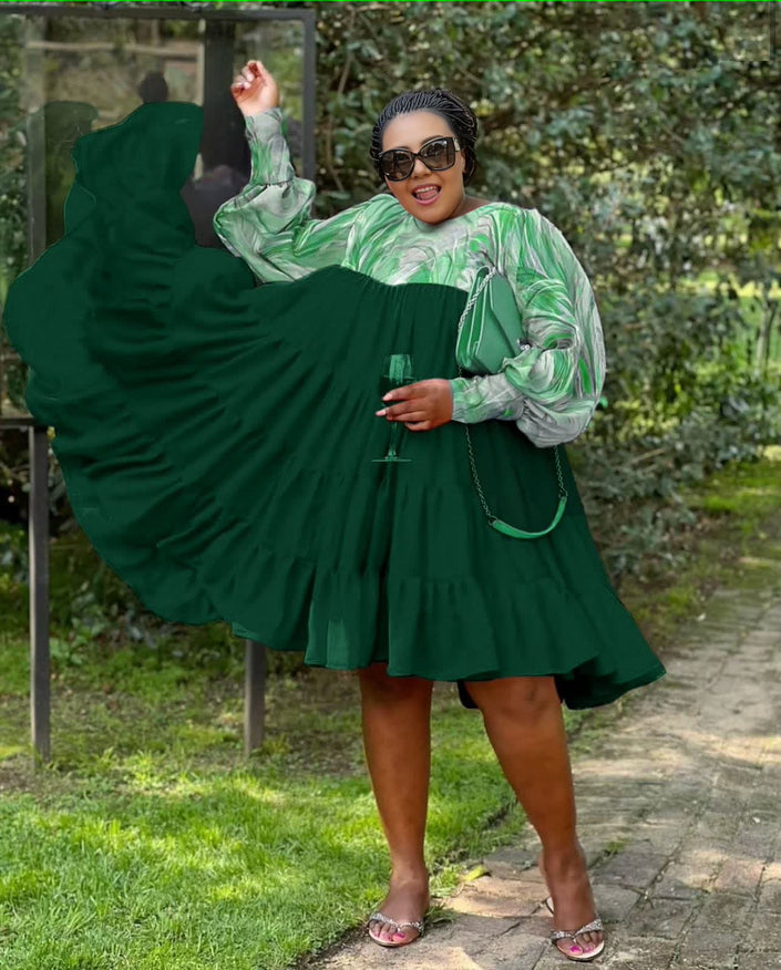Plus size dark green pleated midi dress with bishop sleeves and gathered waist