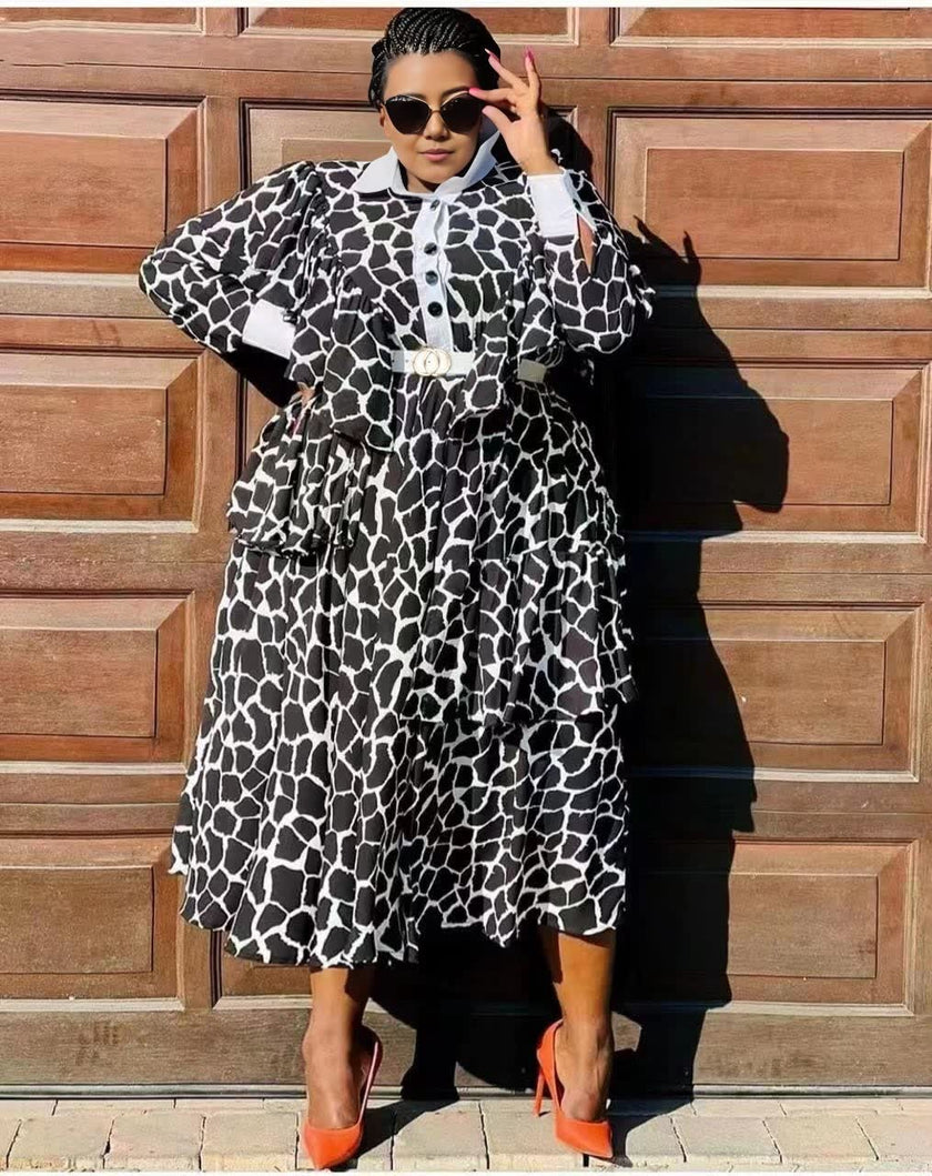 Long-Sleeve Giraffe Print Knee-Length Dress with Collar and Button-Up Front”