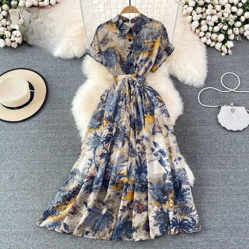 Printed Midi Dress with Tie-Waist and Short Sleeves