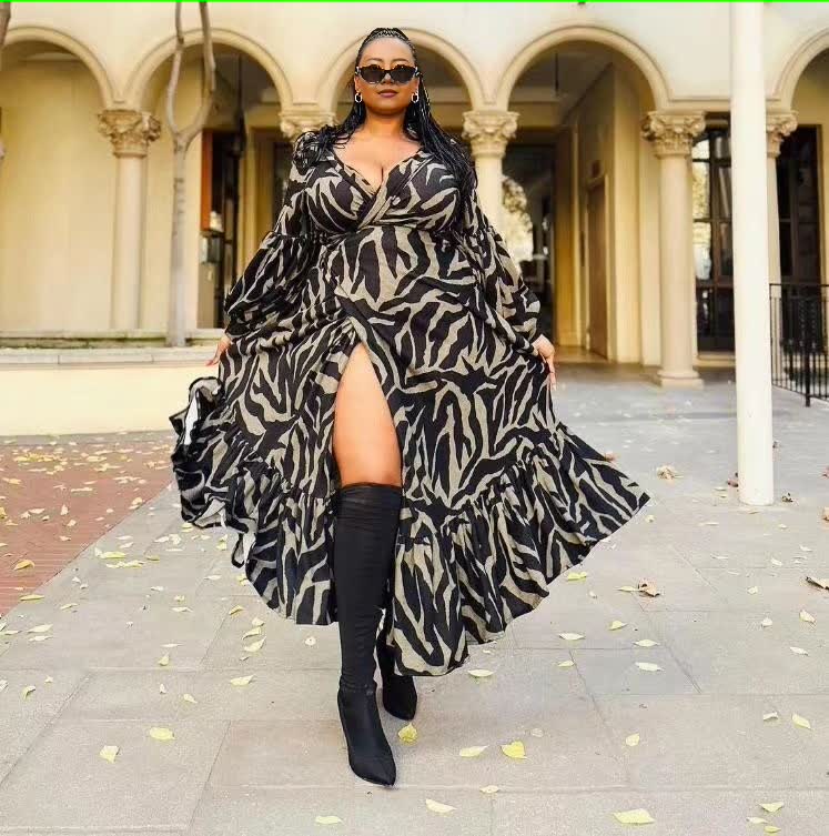 Animal Print V-Neckline Maxi Dress with High Slit and Long Sleeves