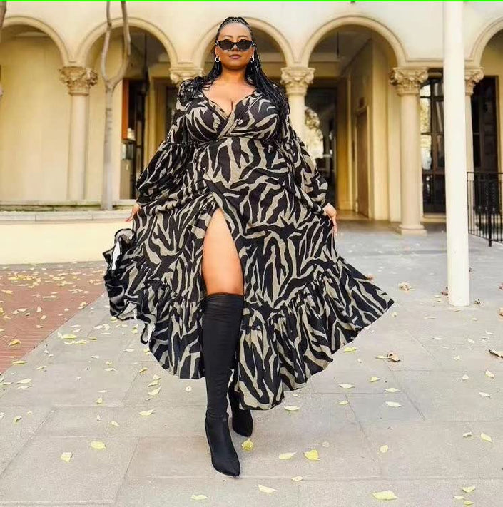 Zebra-print maxi dress with high slit and V-neck, black and white