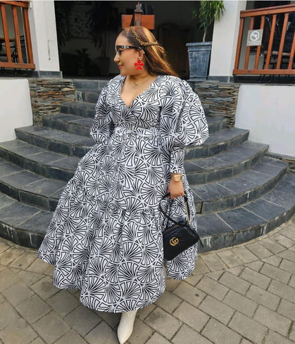 Geometric midi dress with puff sleeves, V-neck, white with black abstract print