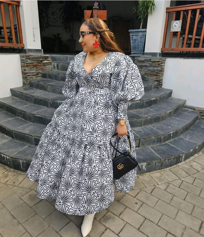 Geometric midi dress with puff sleeves, V-neck, white with black abstract print