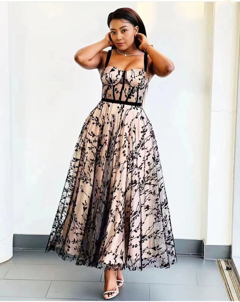 Sleeveless Botanical Patterned A-Line Evening Gown