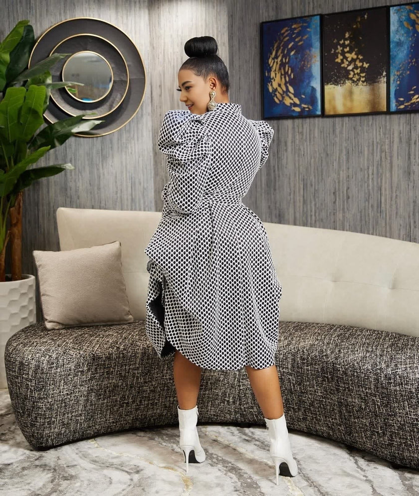 Polka Dot Puff Sleeve Mid-Length Shirt Dress
