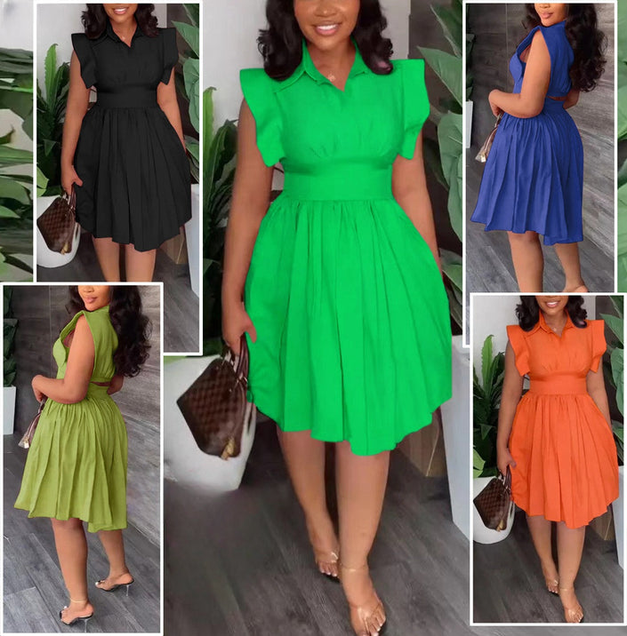A-line knee dress with cinched waist, short sleeves, and flared pleated skirt