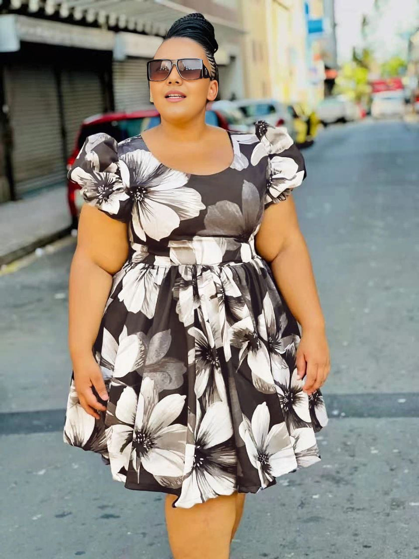 Floral Print Puff Sleeve Fit-and-Flare Dress