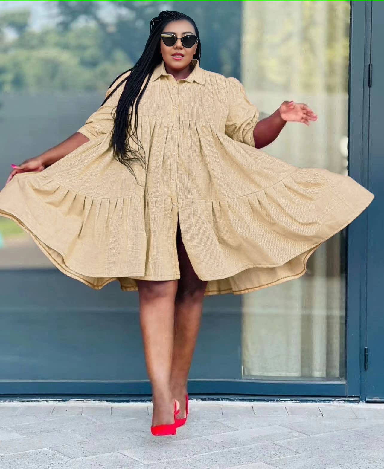 Short-Sleeve Button-Up Dress with Flared Ruffle Hemline