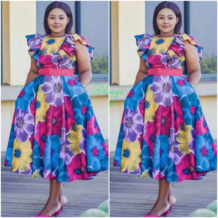 Women's Floral Print Dress with Ruffled Sleeves and Waistband Accent