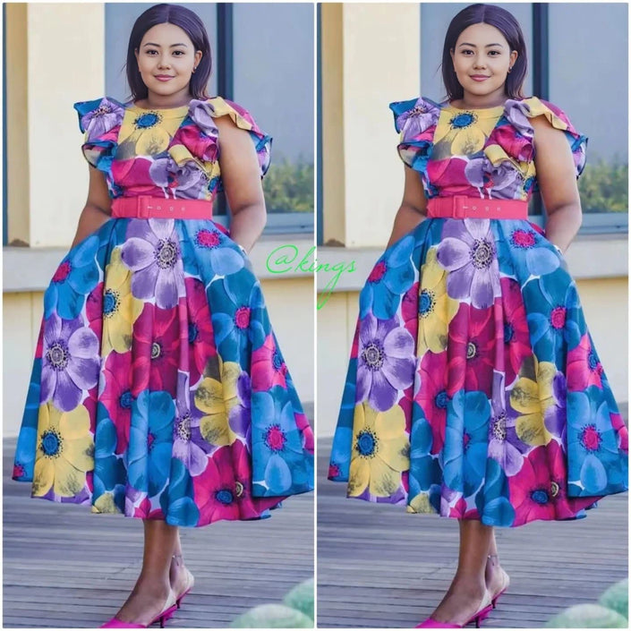 Floral ruffle midi dress with belted waist, cap sleeves, and multicolor circle print