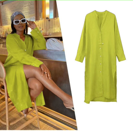 Green-yellow midi shirt dress with V-neck, button placket, three-quarter sleeves.
