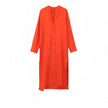 Dark-orange midi shirt dress with V-neck, button placket, three-quarter sleeves.