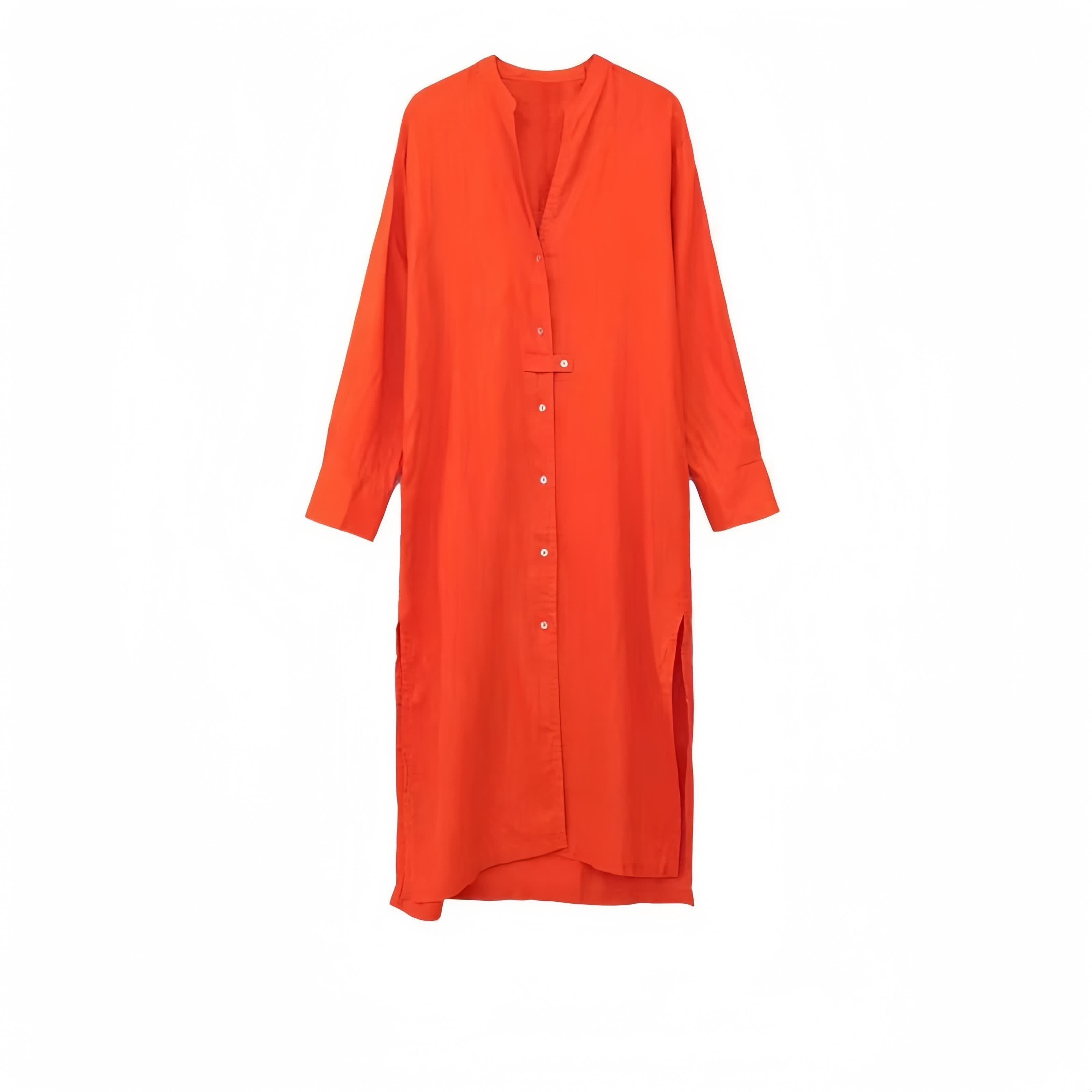 Dark-orange midi shirt dress with V-neck, button placket, three-quarter sleeves.