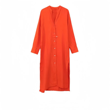 Dark-orange midi shirt dress with V-neck, button placket, three-quarter sleeves.