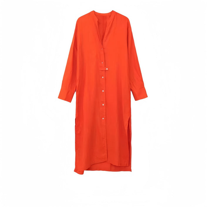Dark-orange midi shirt dress with V-neck, button placket, three-quarter sleeves.