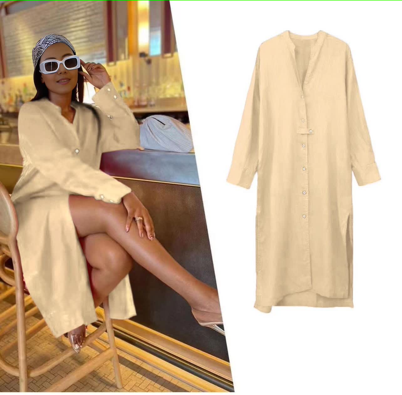 Beige midi shirt dress with V-neck, button placket, three-quarter sleeves.