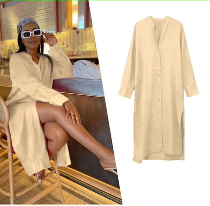 Beige midi shirt dress with V-neck, button placket, three-quarter sleeves.