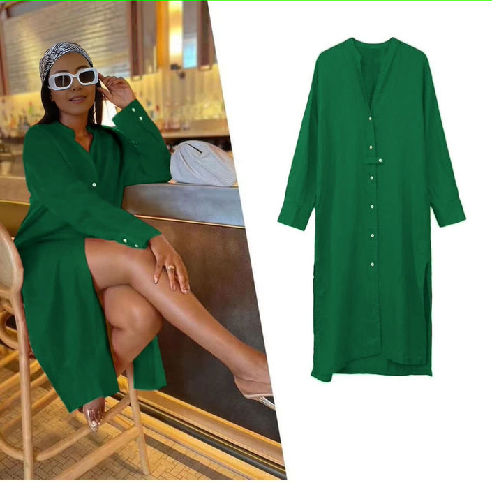 Forest-green midi shirt dress with V-neck, button placket, three-quarter sleeves.