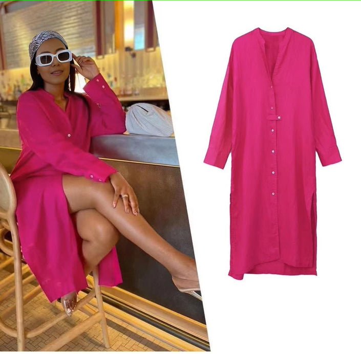 Rose-red midi shirt dress with V-neck, button placket, three-quarter sleeves.