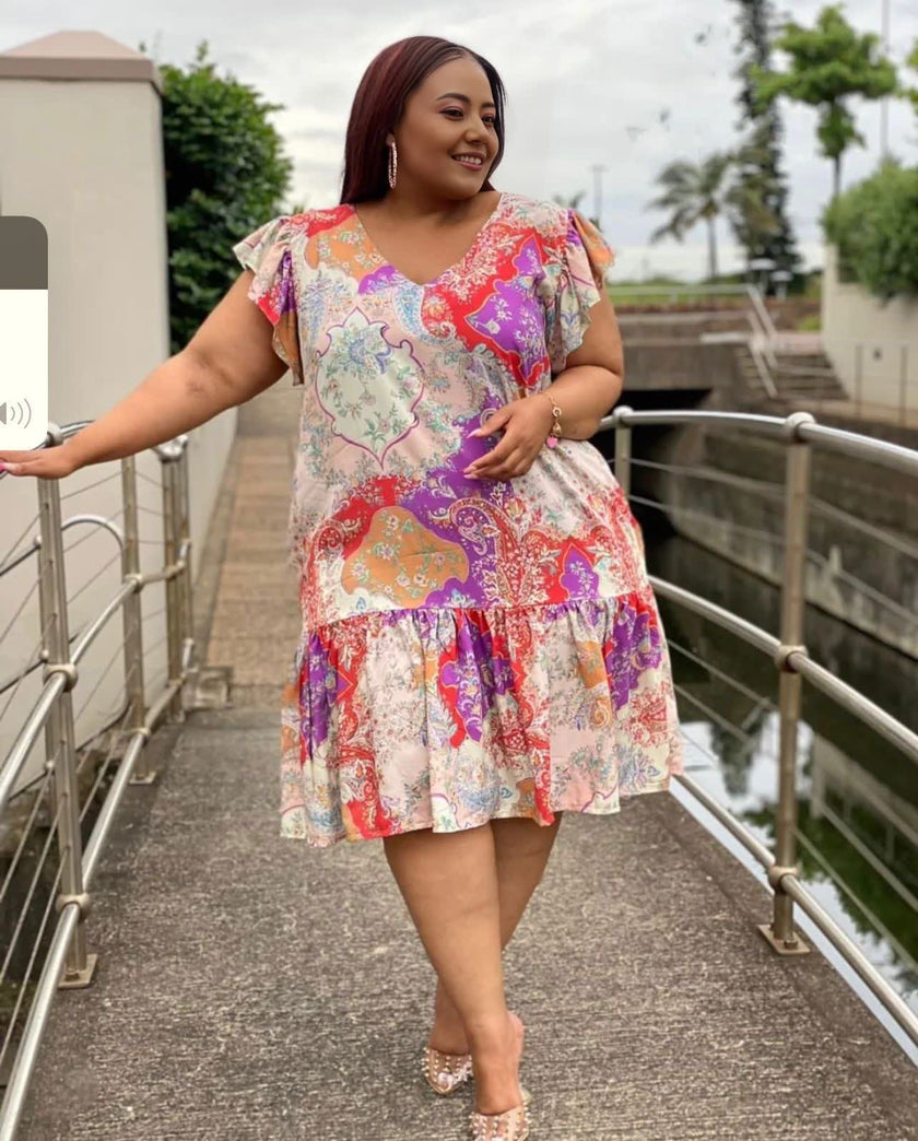 Ruffle Sleeve V-Neck Dress with Flared Hem