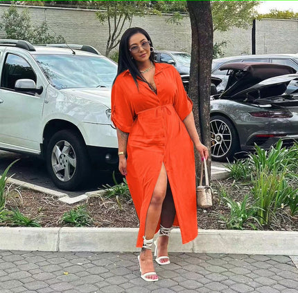 Orange midi dress with button front, side slit, adjustable waist tie