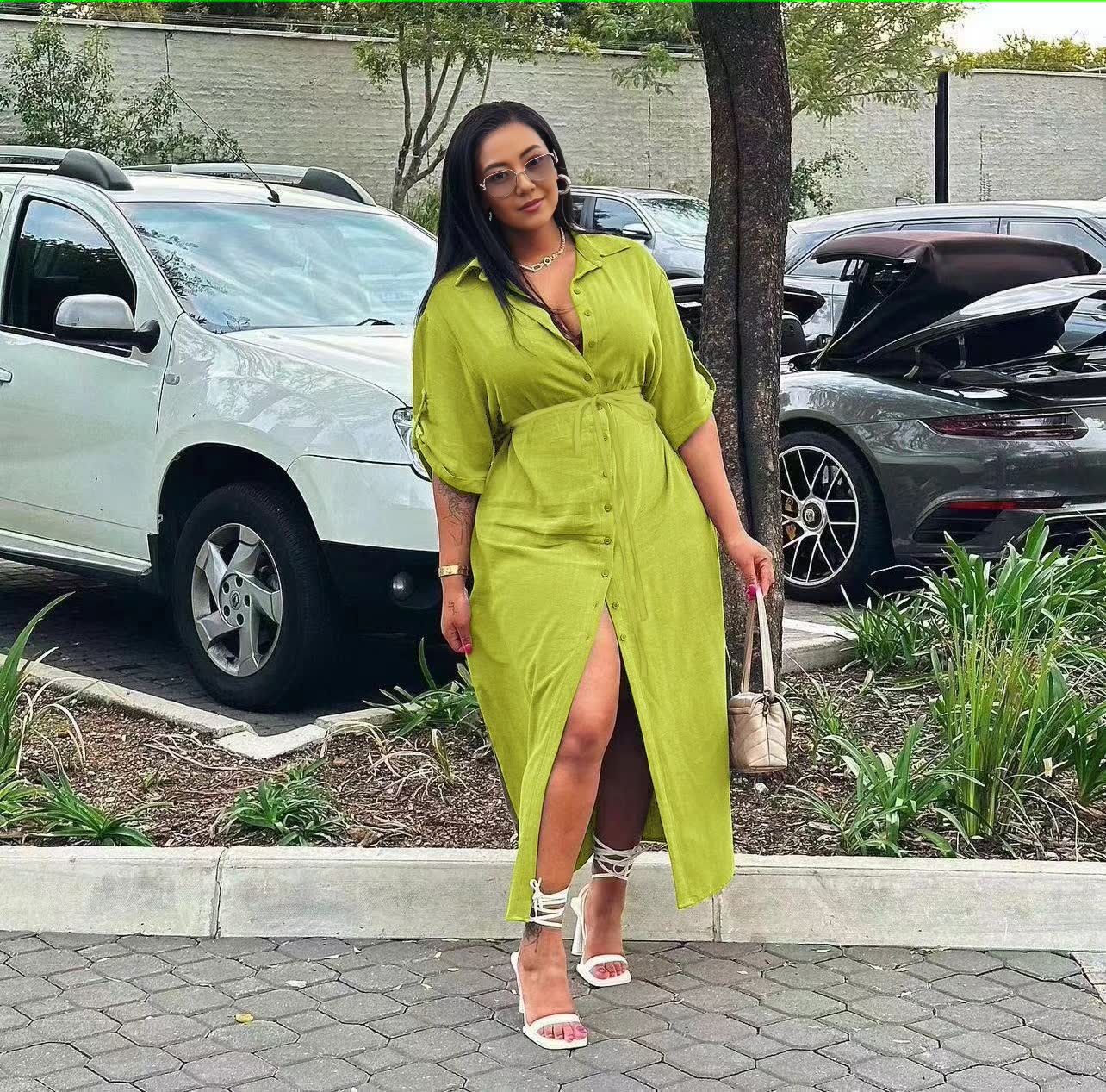 Lime green midi dress with button front, side slit, adjustable waist tie