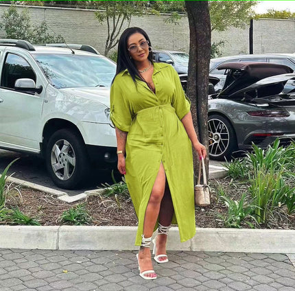 Lime green midi dress with button front, side slit, adjustable waist tie