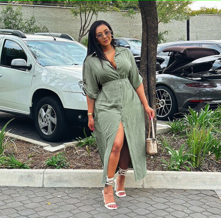 Olive midi dress with button front, side slit, adjustable waist tie