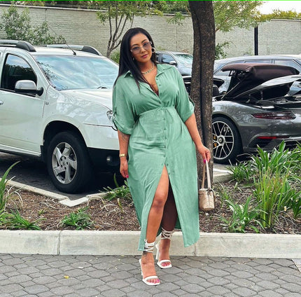 Dark green midi dress with button front, side slit, adjustable waist tie