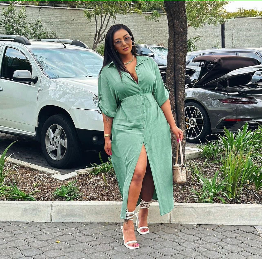 Dark green midi dress with button front, side slit, adjustable waist tie