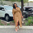 Tan midi dress with button front, side slit, adjustable waist tie